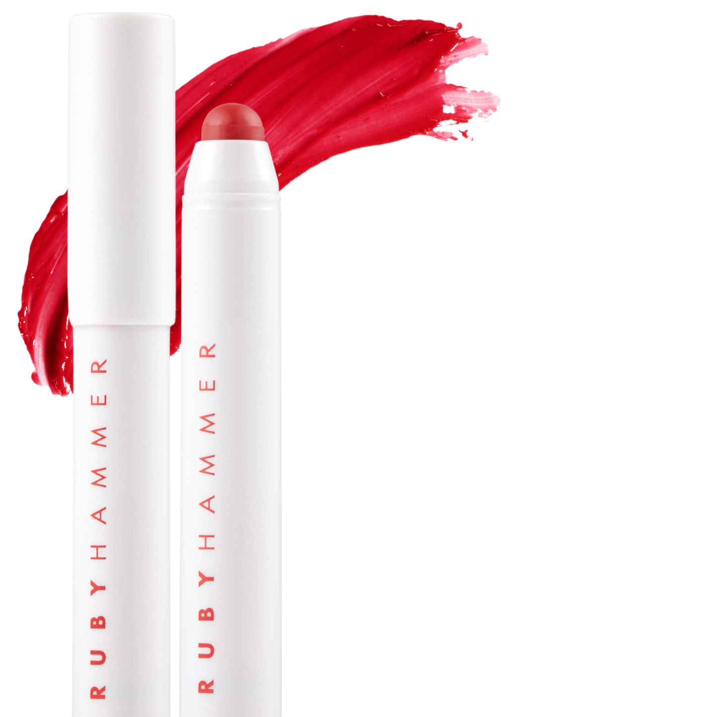 Ruby Hammer lip product with red color swatch on a white background