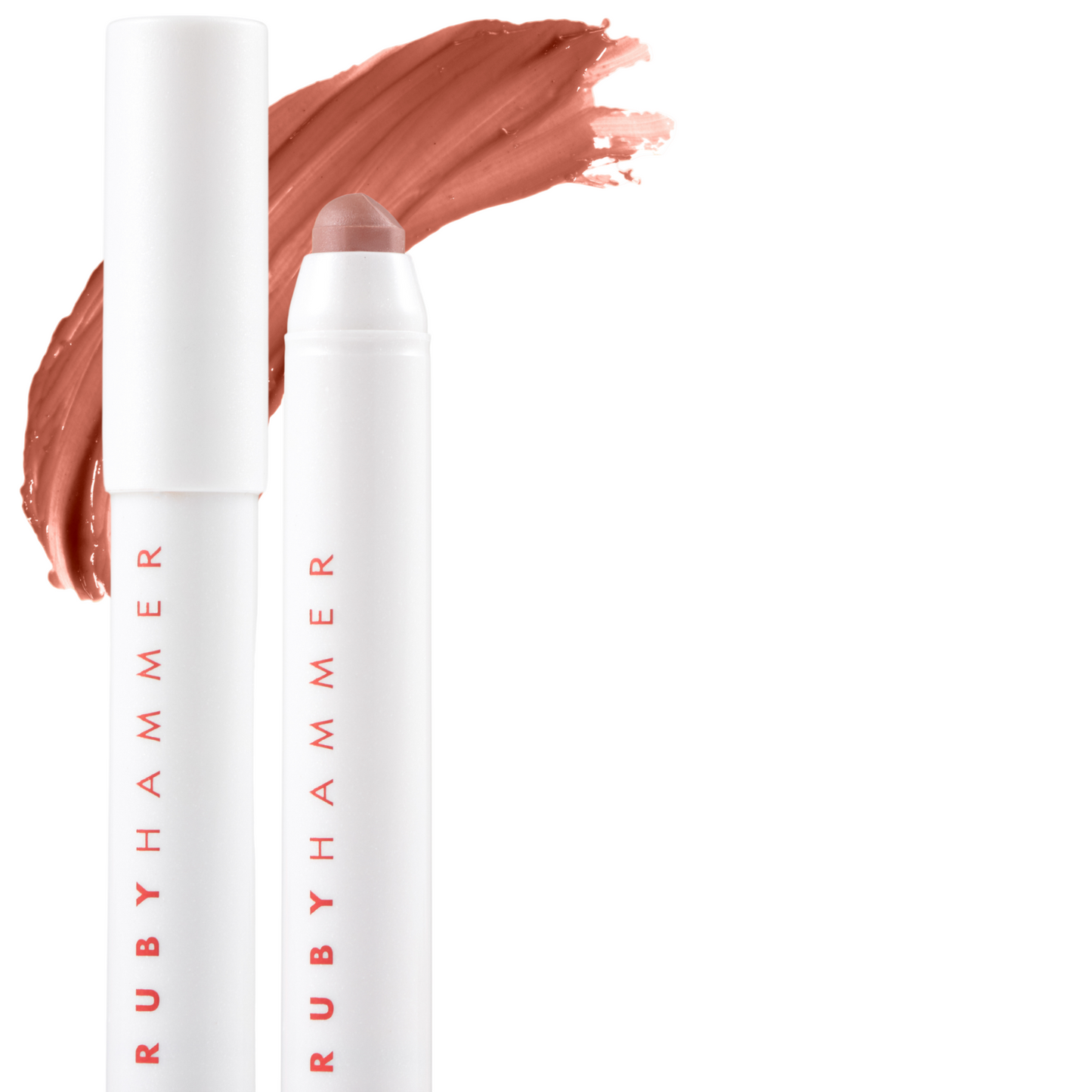 Two Ruby Hammer lip products with swatches on a white background