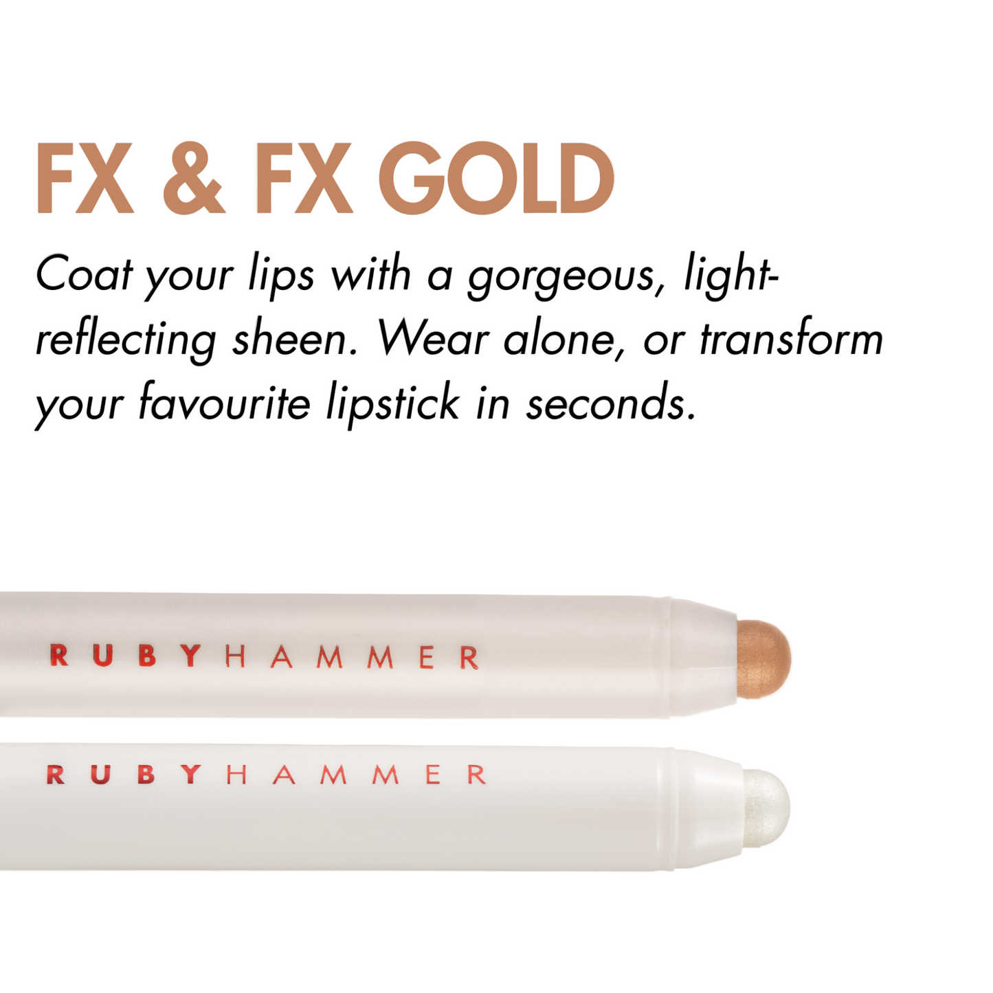 Ruby Hammer lip gloss with text describing its use on a white background