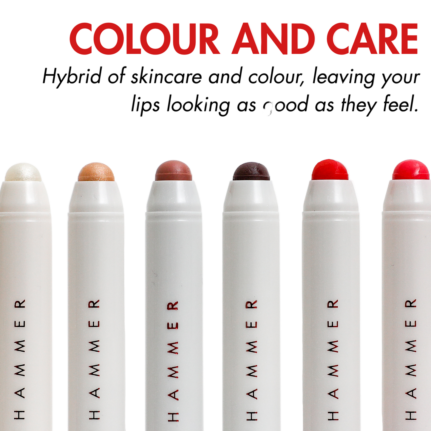 Set of Hammer lip products with color swatches on a white background