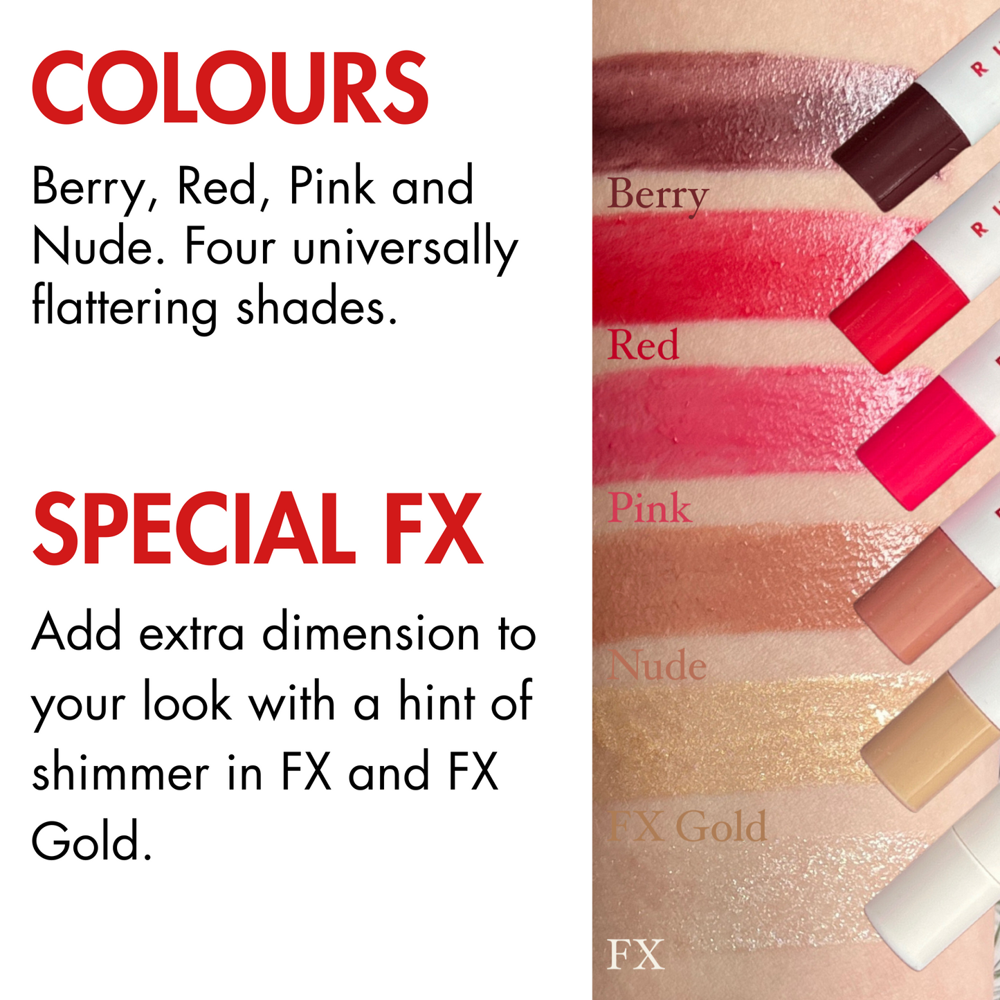Lipstick shades with text describing colors and special effects.