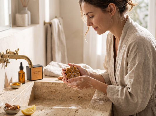 A woman in a beige linen robe stands at a stone sink in a bright bathroom, holding a small brown jar and applying a white powder. A brass faucet, amber dropper bottle, and soap dish are visible on the counter.