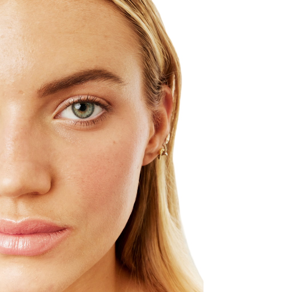 Close-up of a woman's face with promotional text for FX & FX Gold makeup product.