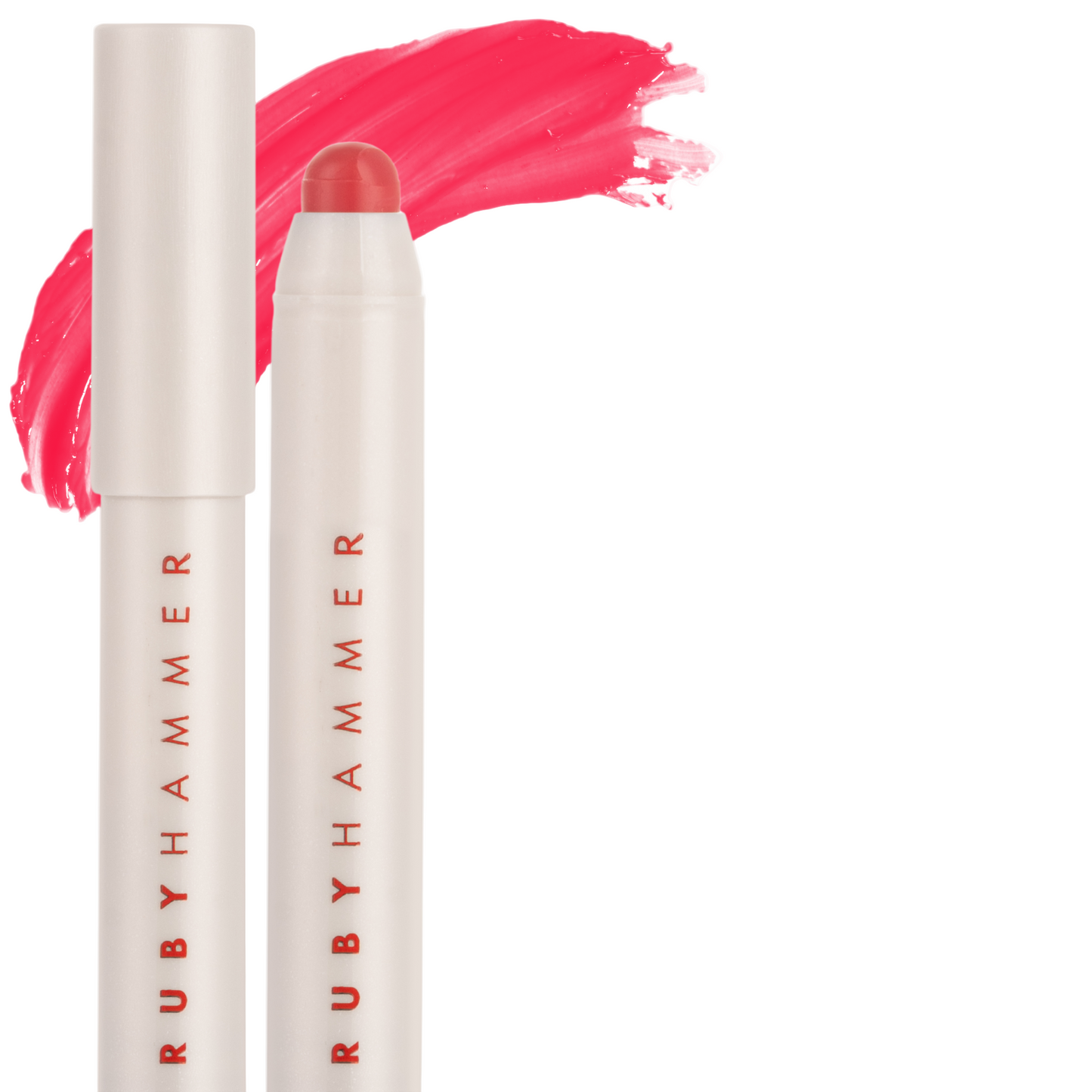 Ruby Hammer lip product with pink color swatch on a white background