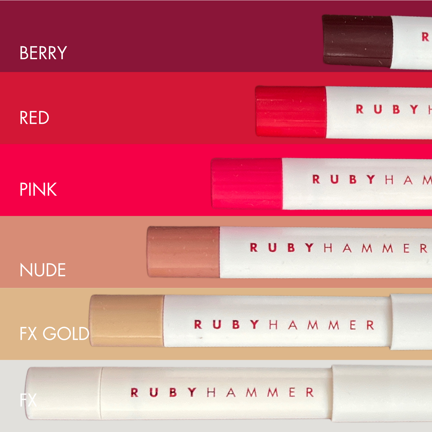 Ruby Hammer lipsticks in various colors with color swatches above them on a pink background.