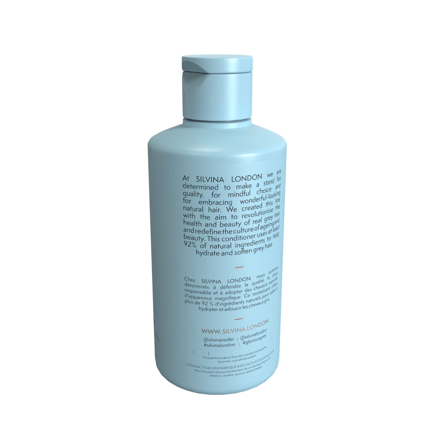 Blue bottle with text on a white background