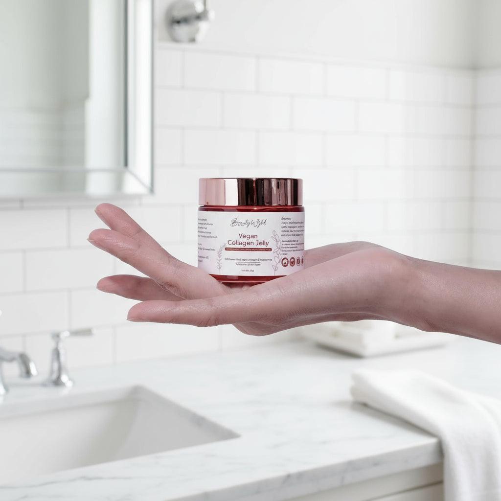 Hand holding a jar of Vegan Collagen Jelly against a plain background