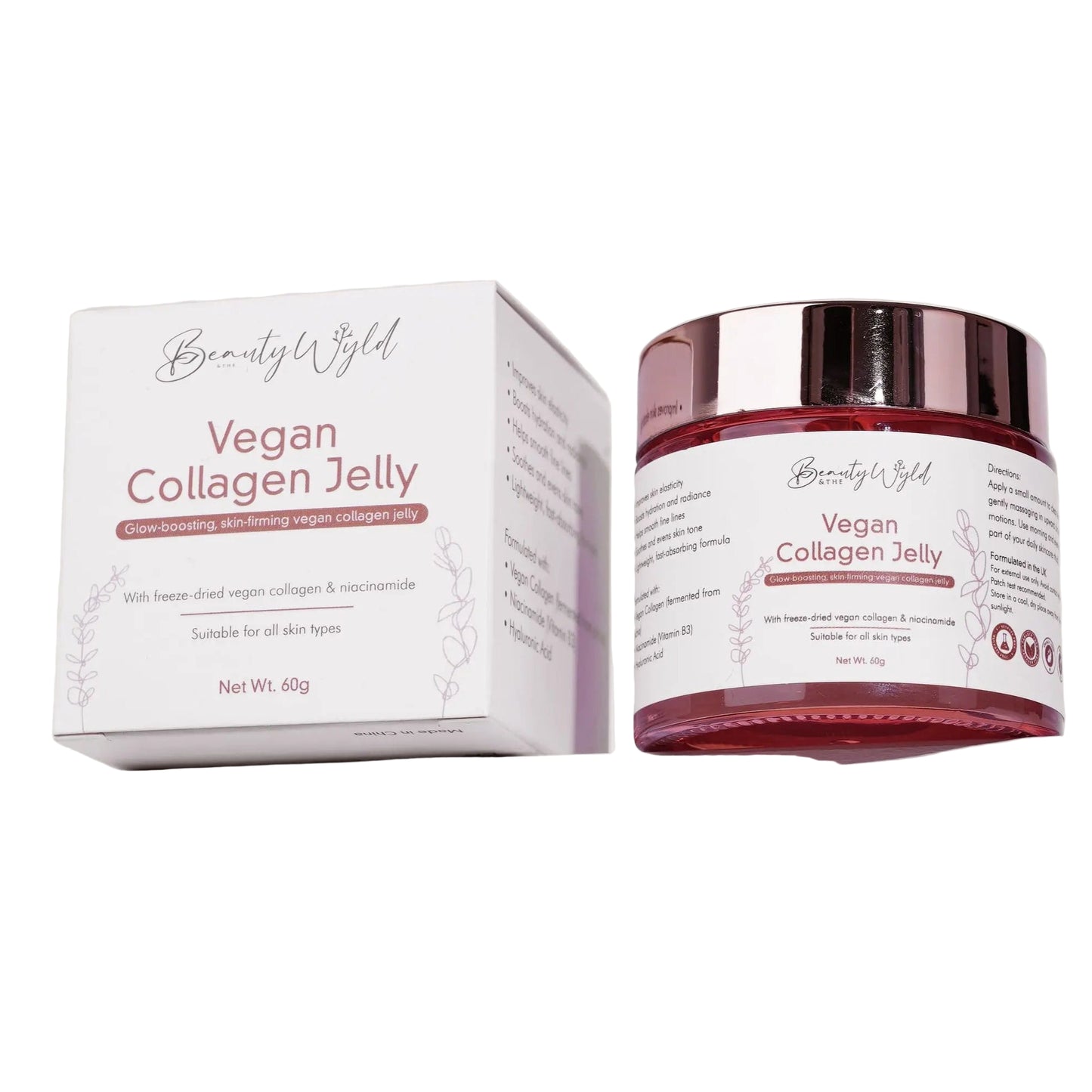 Vegan collagen jelly packaging with container and box on a white background