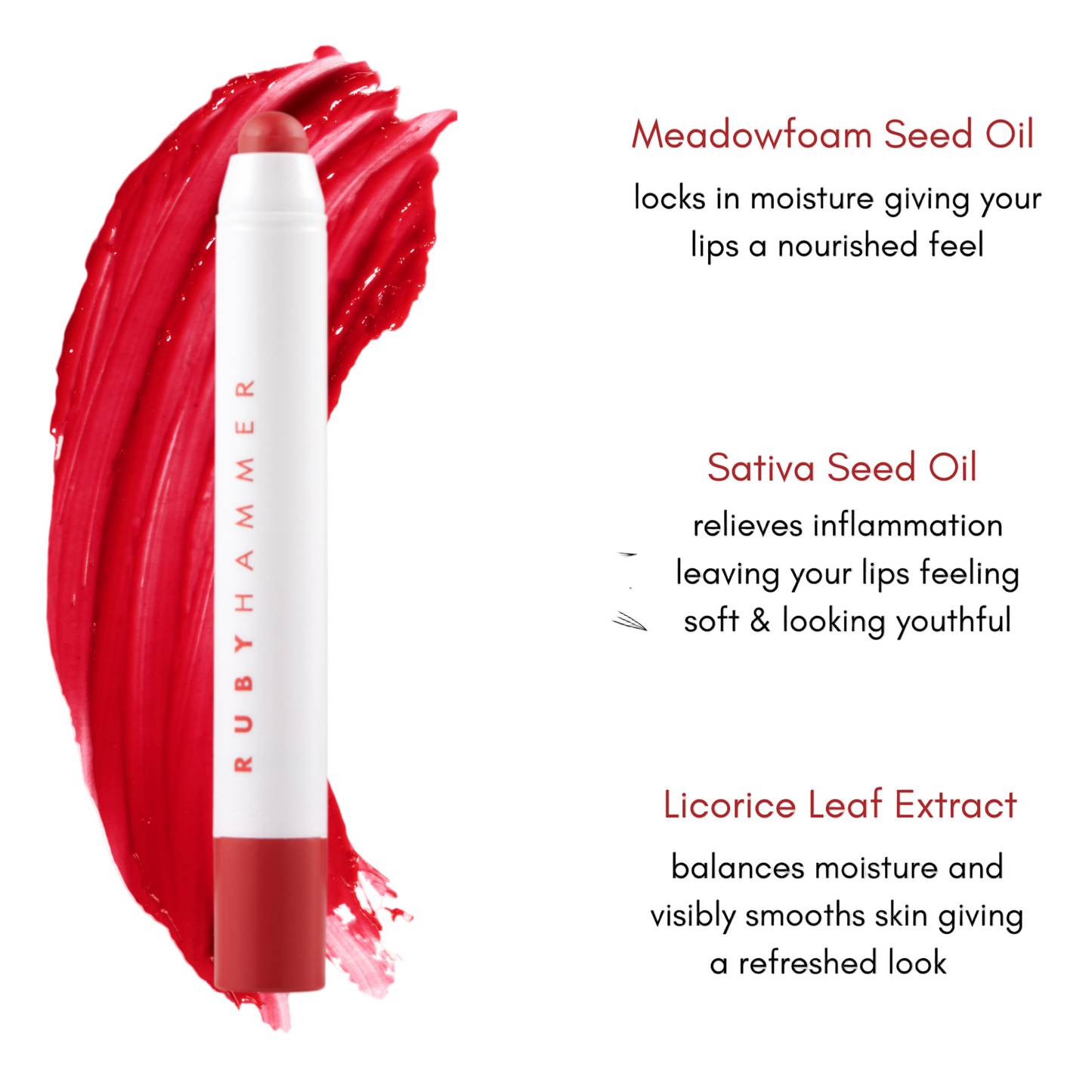 Lipstick with ingredients listed on a white background