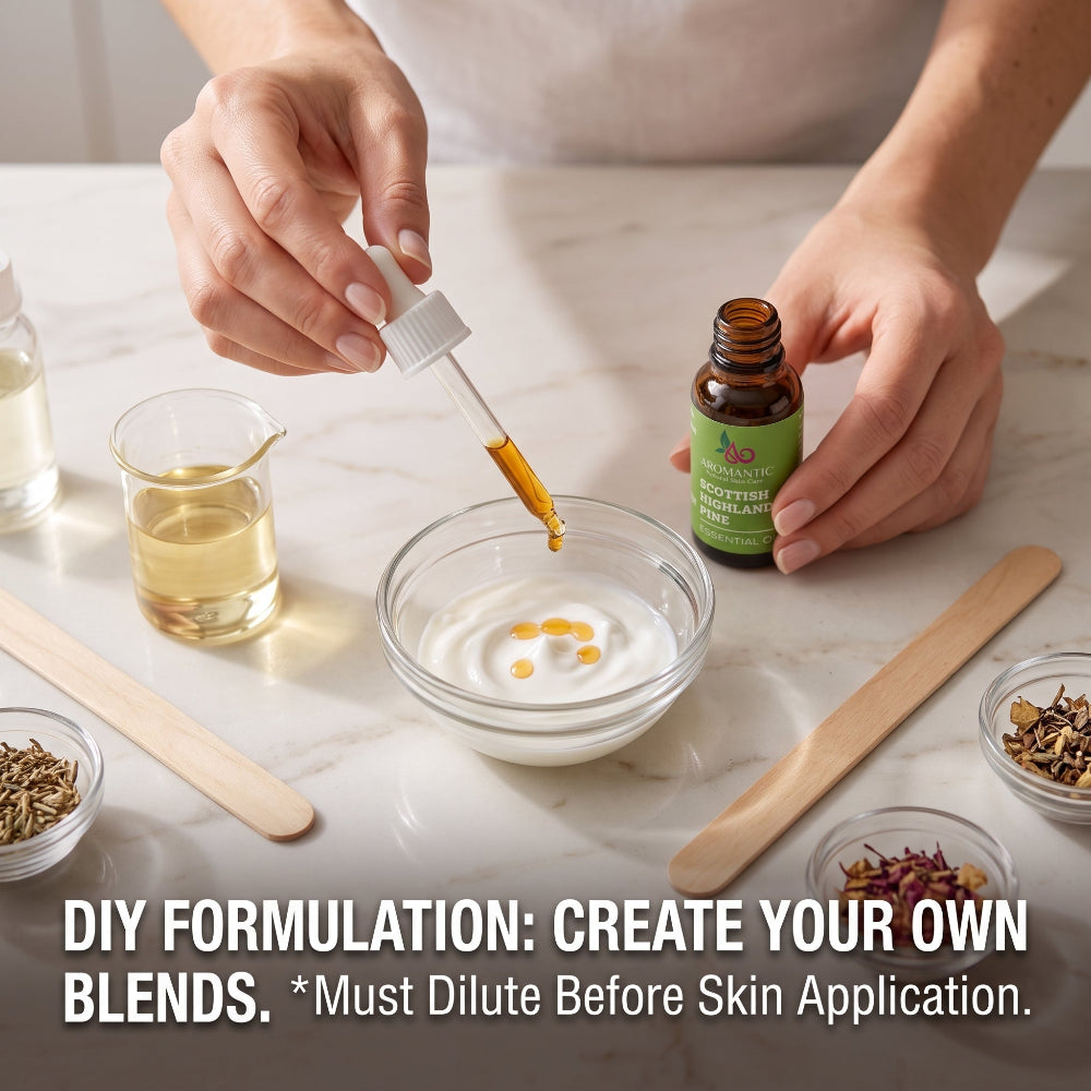 Hands using a glass dropper to mix pure Scottish Pine Essential Oil into a bowl for a DIY natural skincare recipe, with a text overlay reminding makers to dilute before skin application.