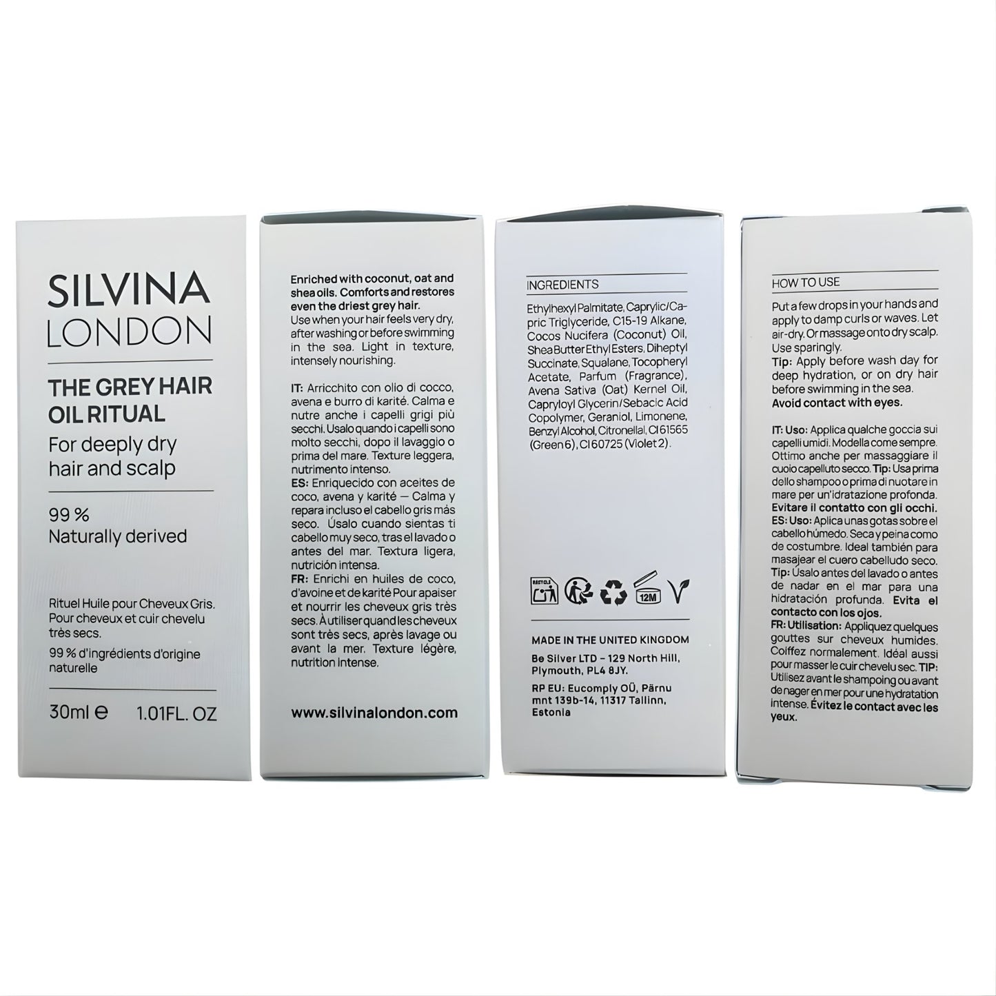 Silvina London product packaging with text on a white background