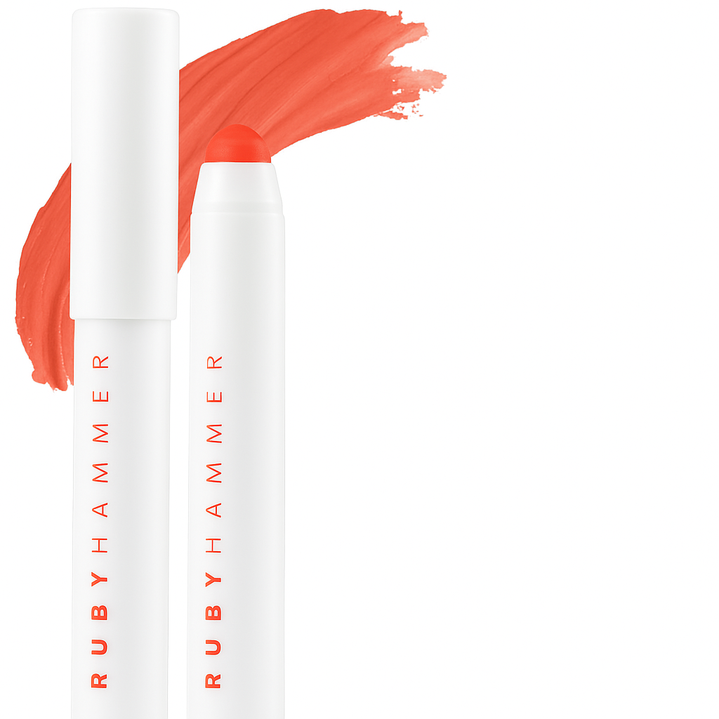 Two Ruby Hammer lip products with orange color swatches on a white background