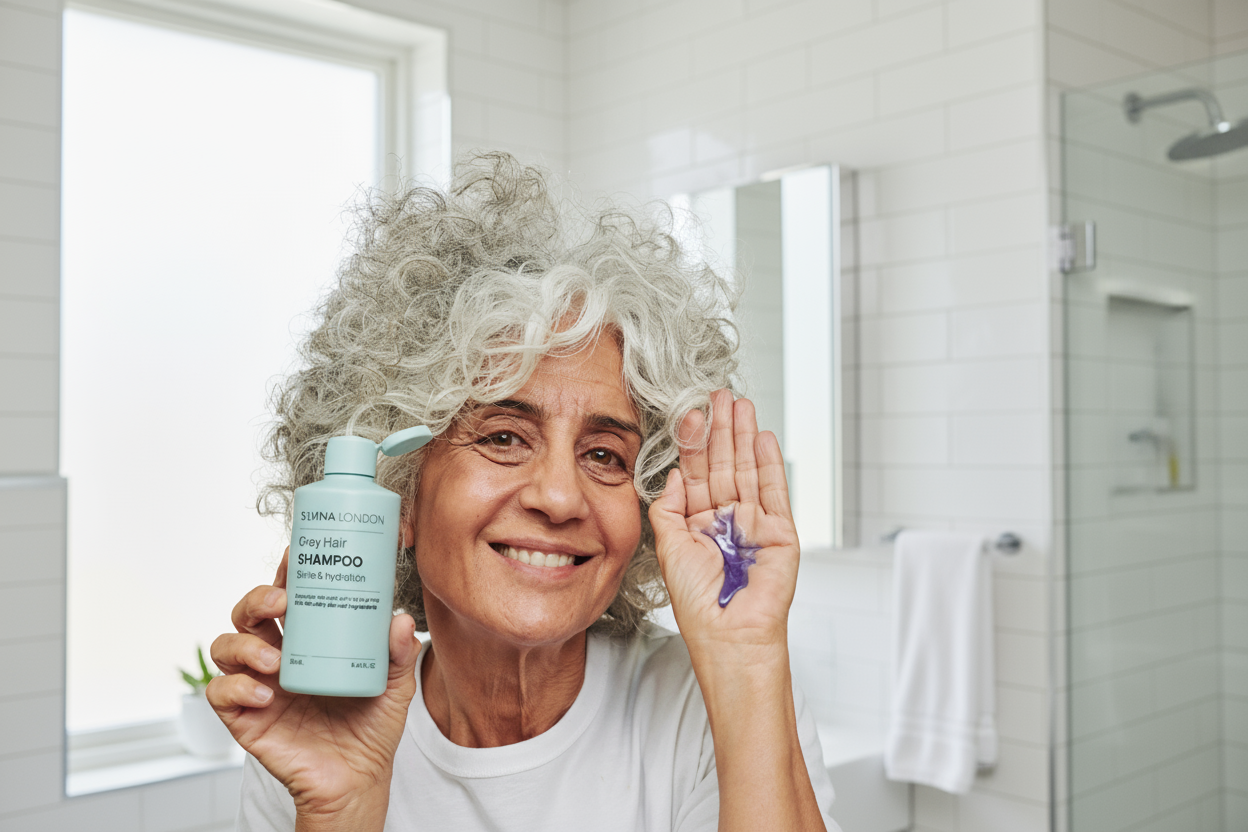 Woman with gray hair holding a bottle of shampoo and a purple packet against a beige background