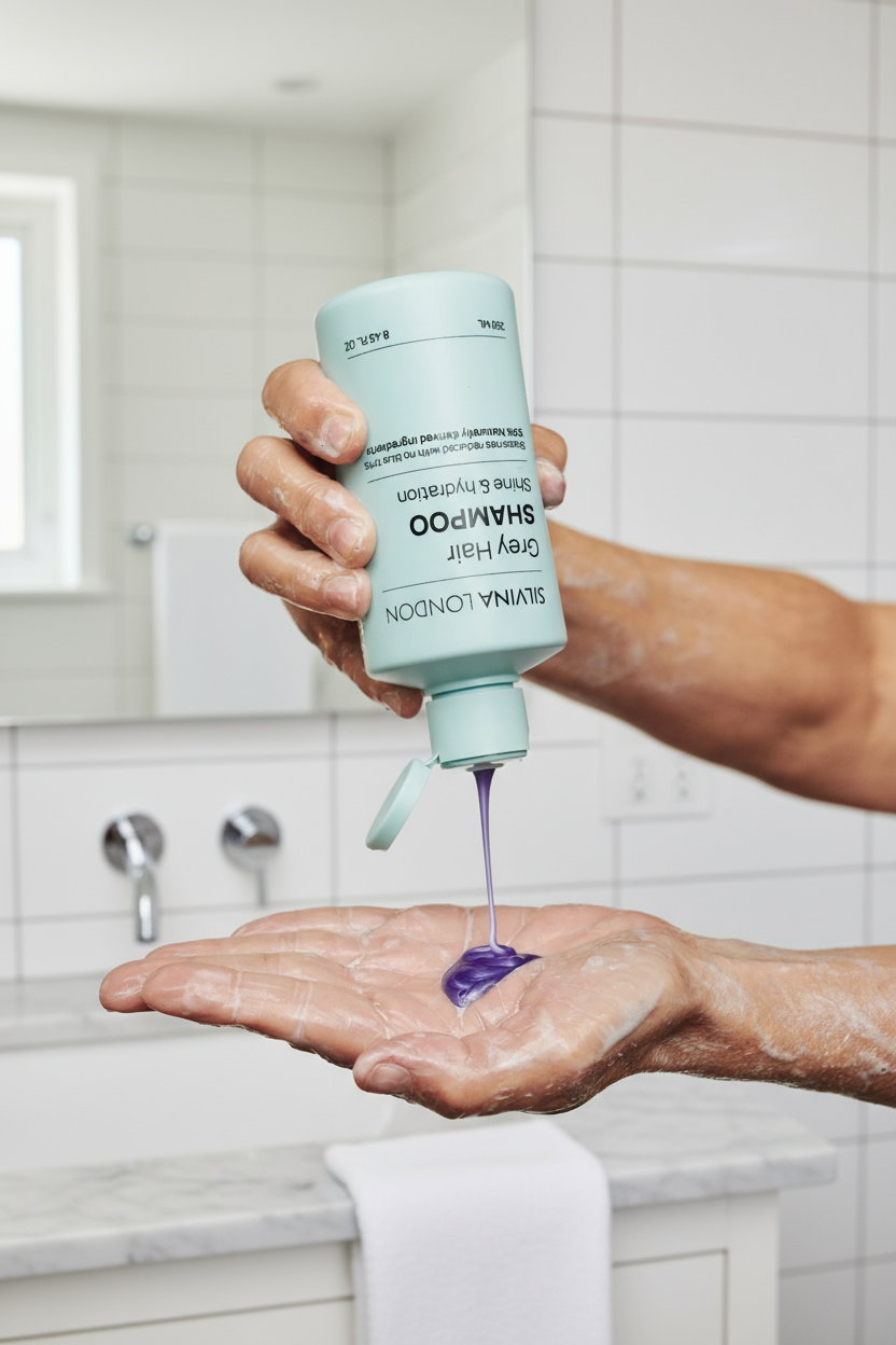 Hand holding a blue bottle of shampoo with purple liquid being poured onto a palm against a beige background