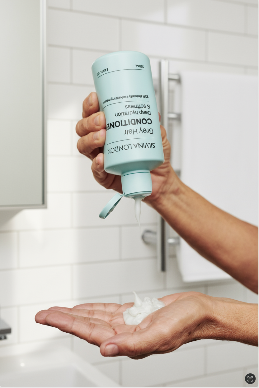 Hand holding a bottle of styling product with a beige background