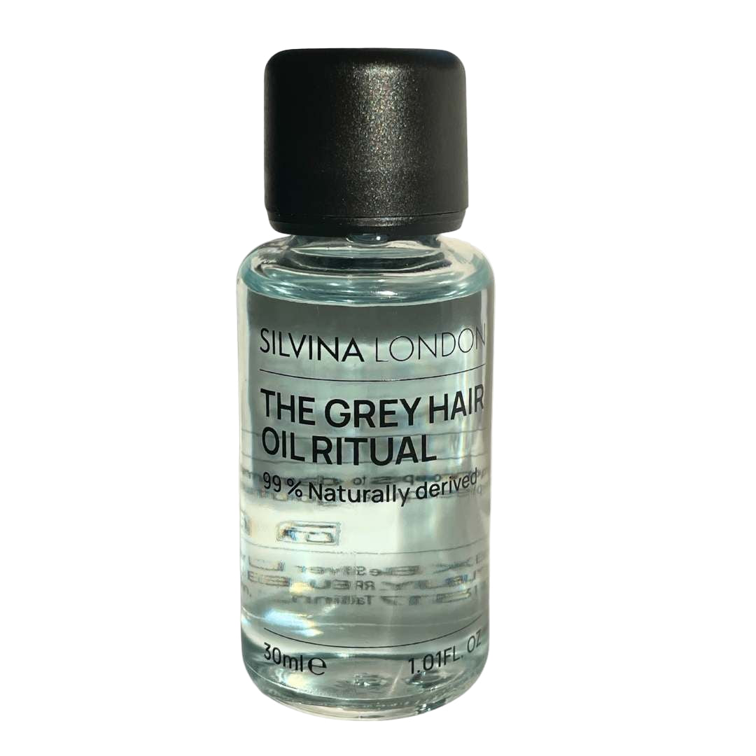 Silvina London grey hair oil bottle on a white background