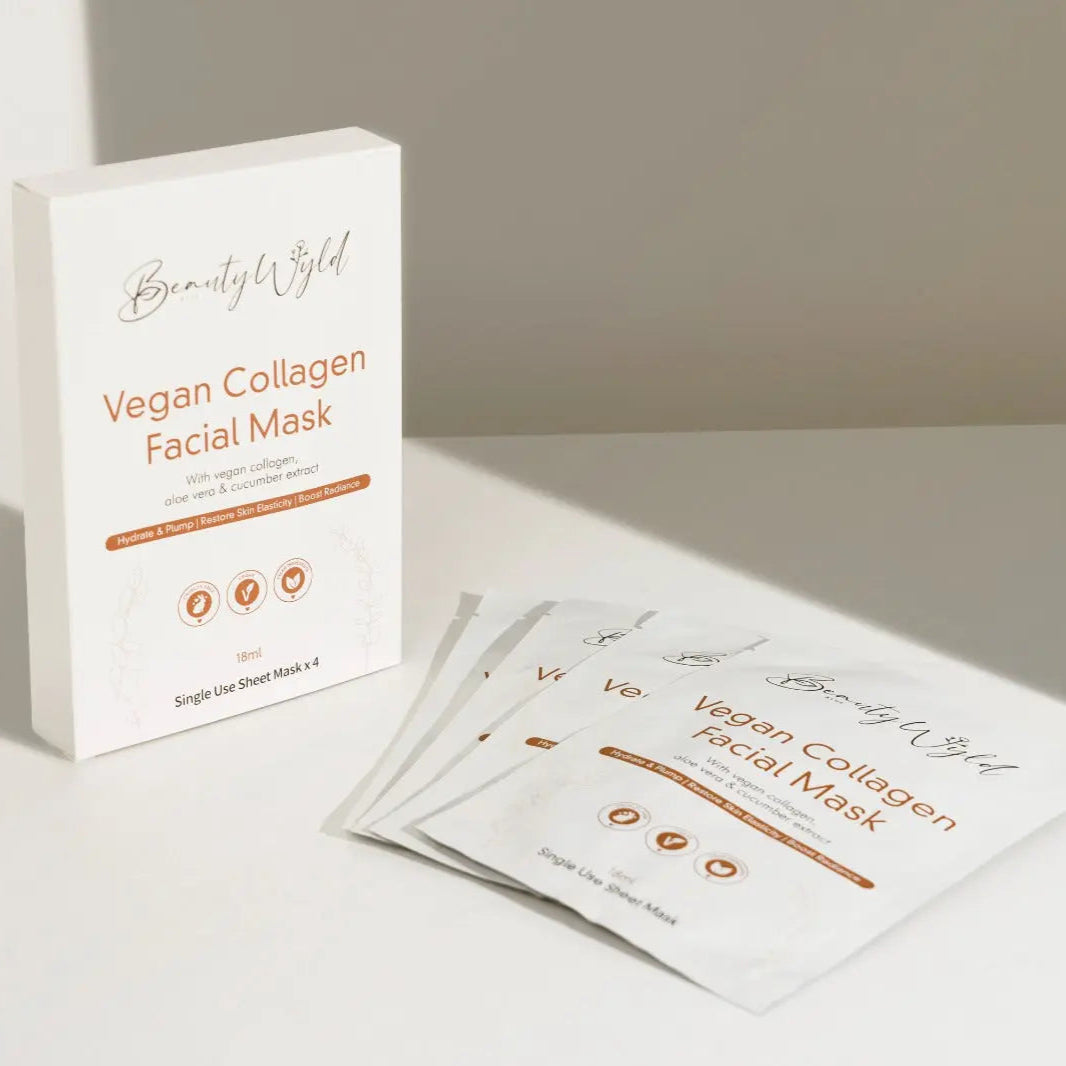 BeautyWised Vegan Collagen Facial Mask packaging and masks on a light surface with a neutral background