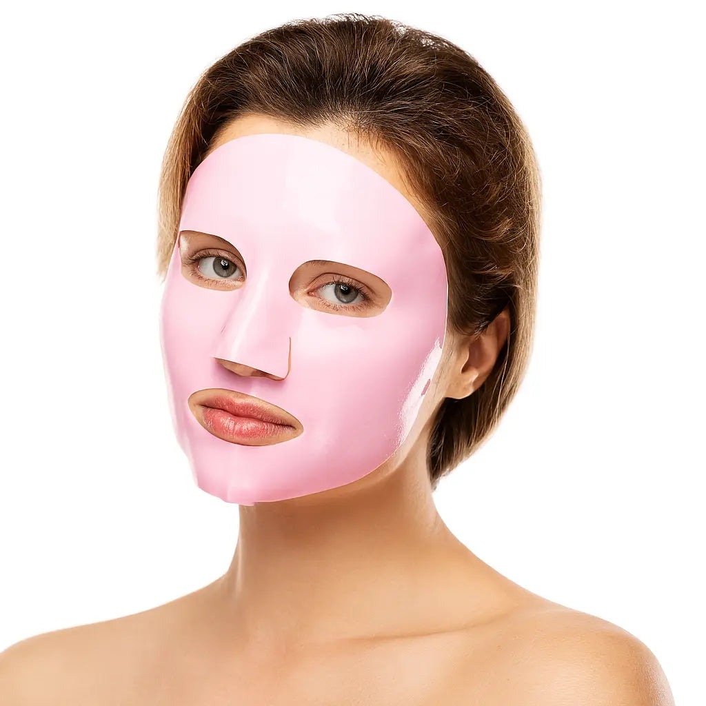 Woman wearing a pink face mask on a white background