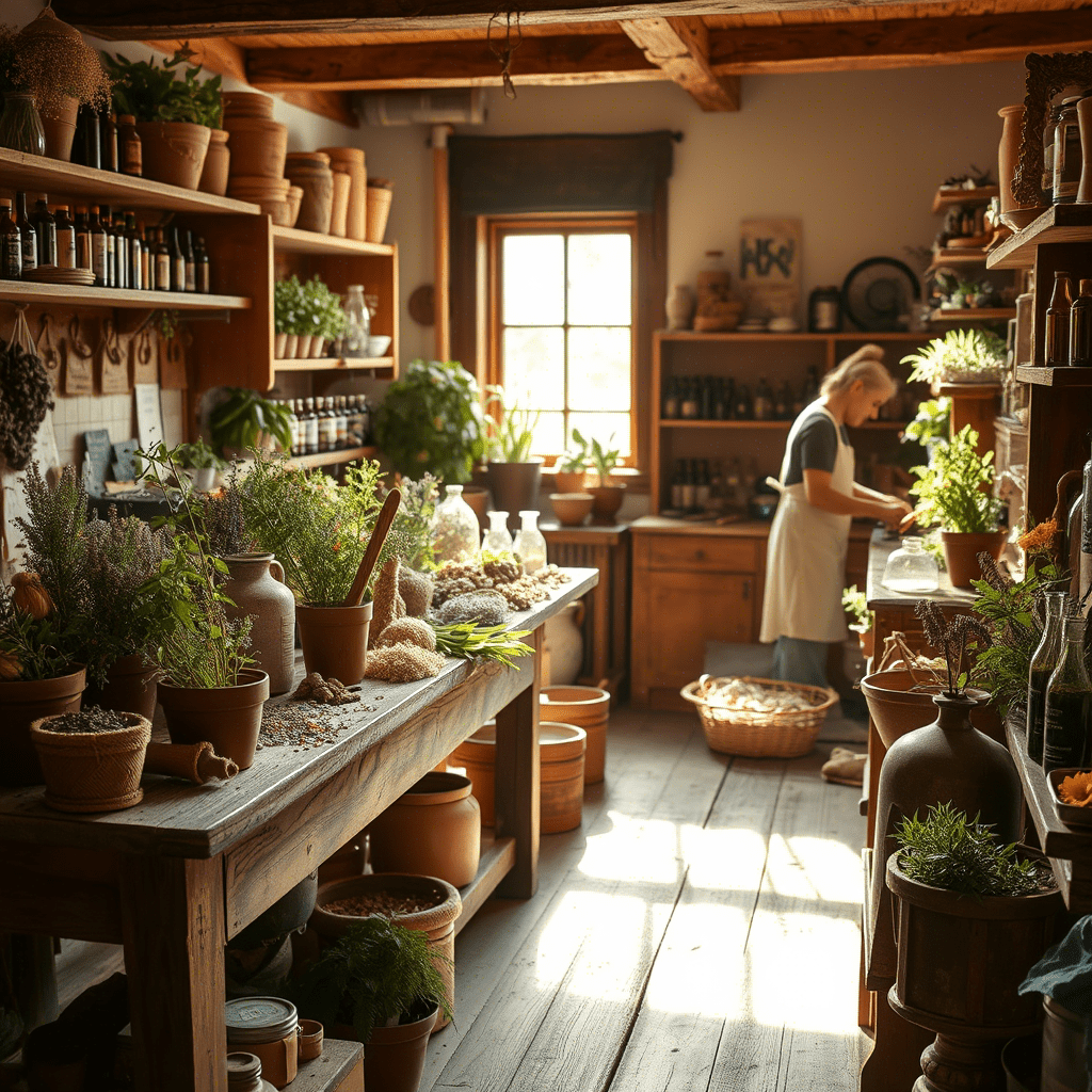 Person working in a rustic kitchen with shelves filled with plants and bottles