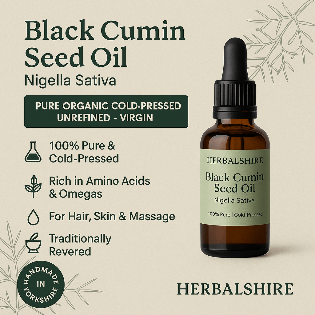Black Cumin Seed Oil Nigella Sativa – Pure Organic Cold - Pressed Unrefined Virgin Oil for Hair Skin & Massage – Handmade by Herbalshire - Herbalshire Handmade Herbal Products