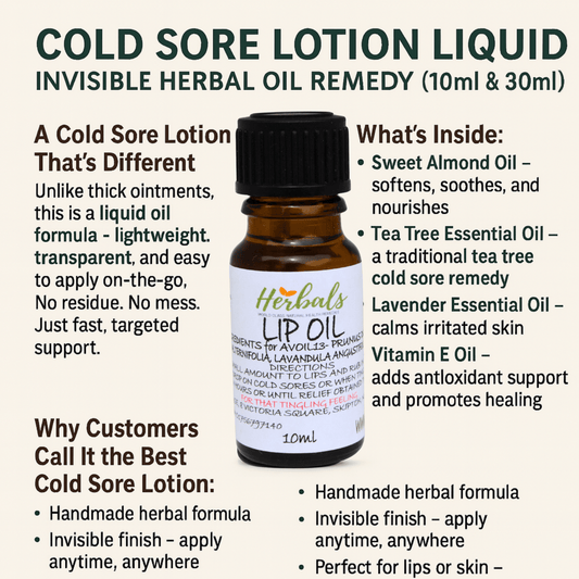 Cold Sore Lotion Liquid 10ml / 30ml Natural Herbal Oil with Tea Tree & Lavender - Herbalshire Handmade Herbal Products