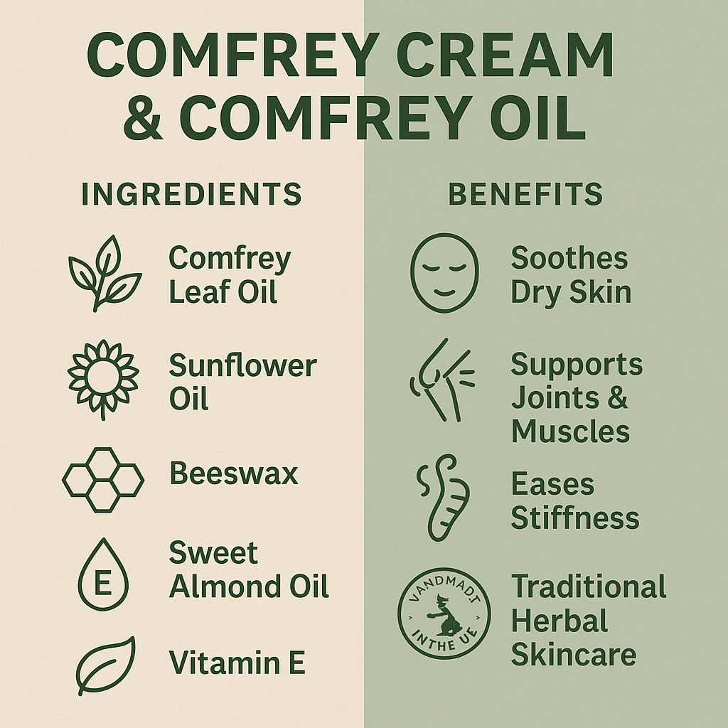 Comfrey Cream & Comfrey Oil – Natural Herbal Balm, Ointment & Skin Oil – Comfrey Leaf, Knitbone – For Joints, Skin, Muscles – Handmade in the UK - Herbalshire Handmade Herbal Products