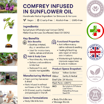 Comfrey Leaf Infused Oil – Handmade Herbal Remedy for Skin, Muscles & Joints | 100ml / 250ml / 500ml - Herbalshire Handmade Herbal Products