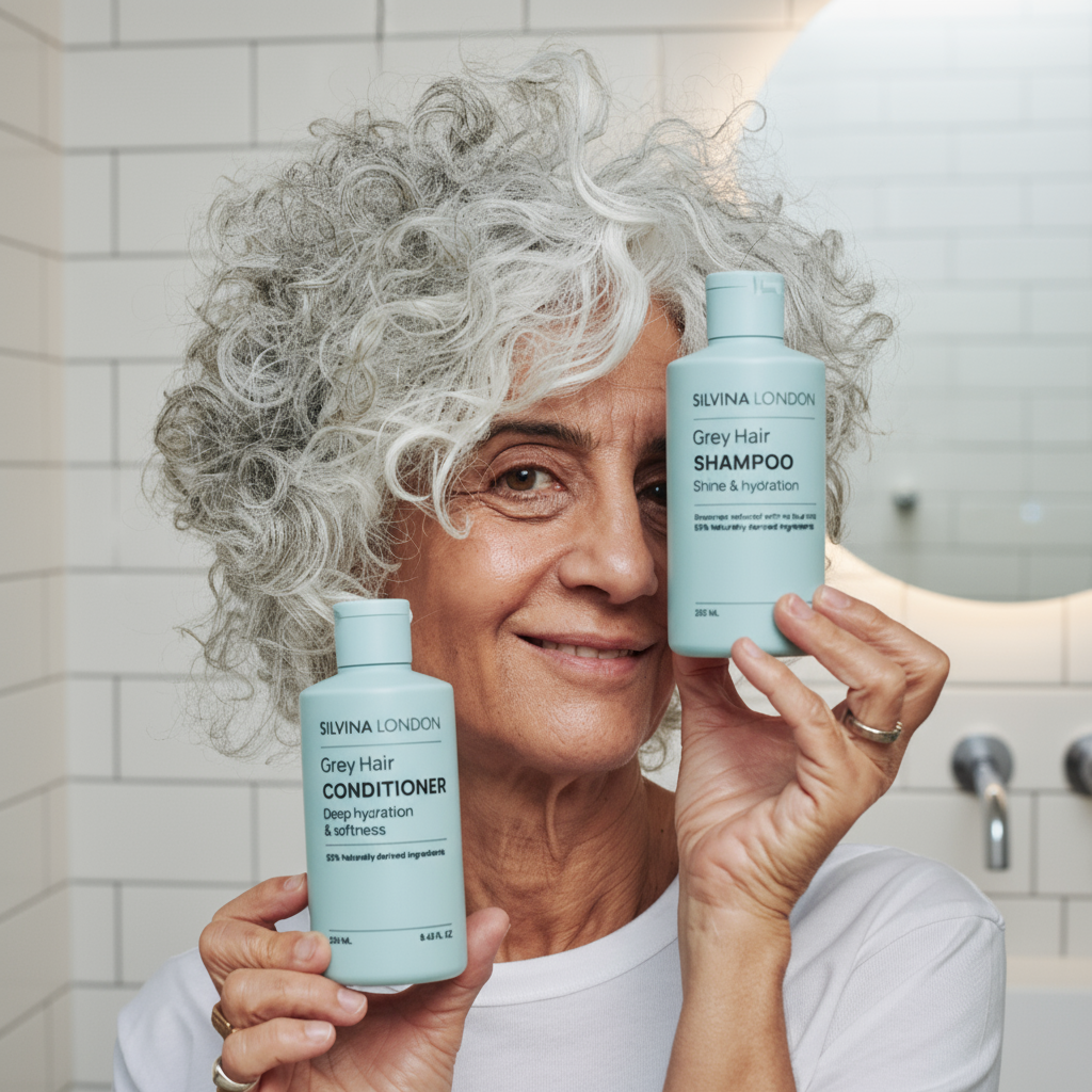 Woman with gray hair holding bottles of Silvina London Grey Hair Shampoo and Conditioner.