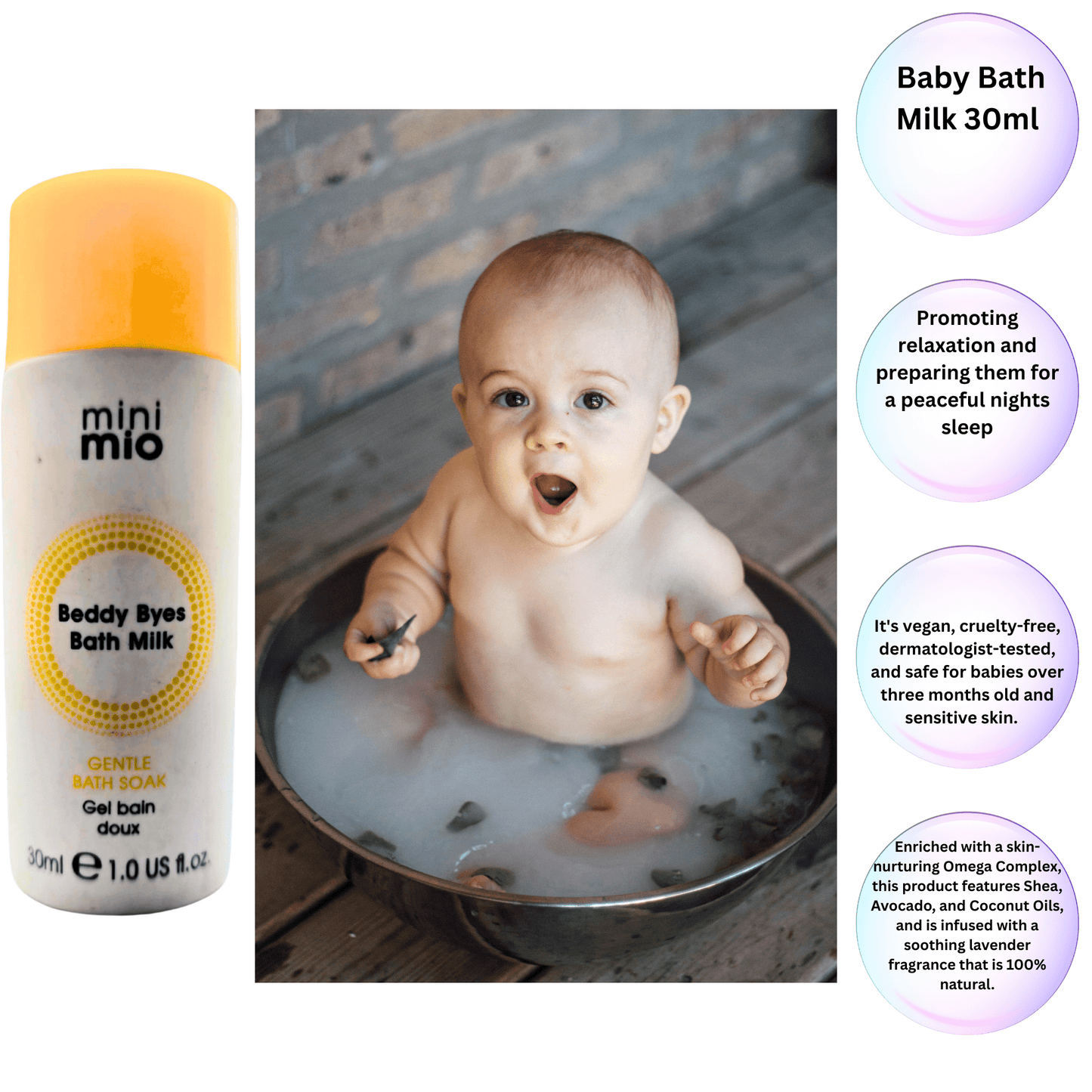 Mini Mio Beddy Byes Bath Milk - 50 x 30ml Baby Bath Soak" - 63 characters. - Herbalshire Handmade Herbal Products