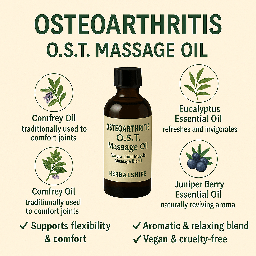 Osteoarthritis O.S.T. Massage Oil – Natural Joint & Muscle Massage Blend – Handmade in Yorkshire (100ml / 250ml / 500ml) - Herbalshire Handmade Herbal Products