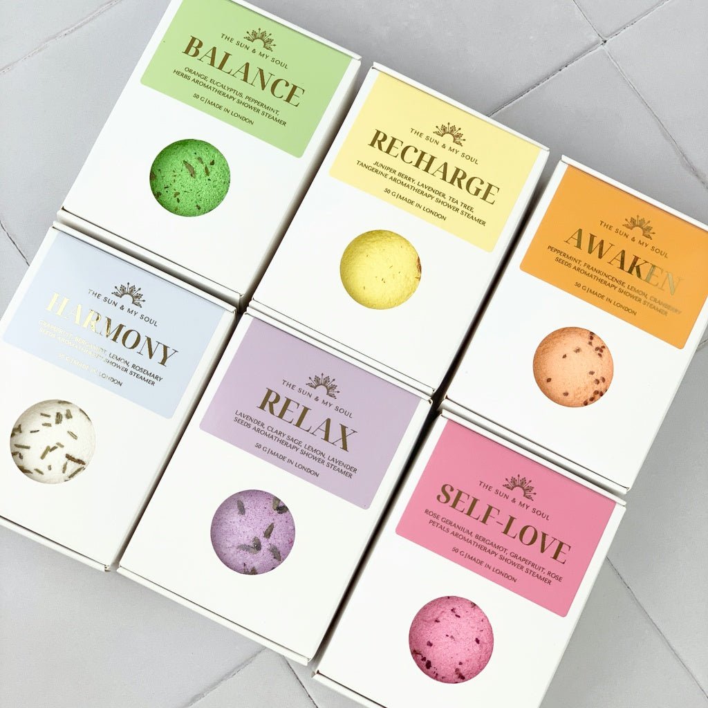Recharge Aromatherapy Shower Steamer in Box - Juniper Berry, Lavender, Tea Tree, Tangerine and Safflower Petals - Herbalshire Handmade Herbal Products