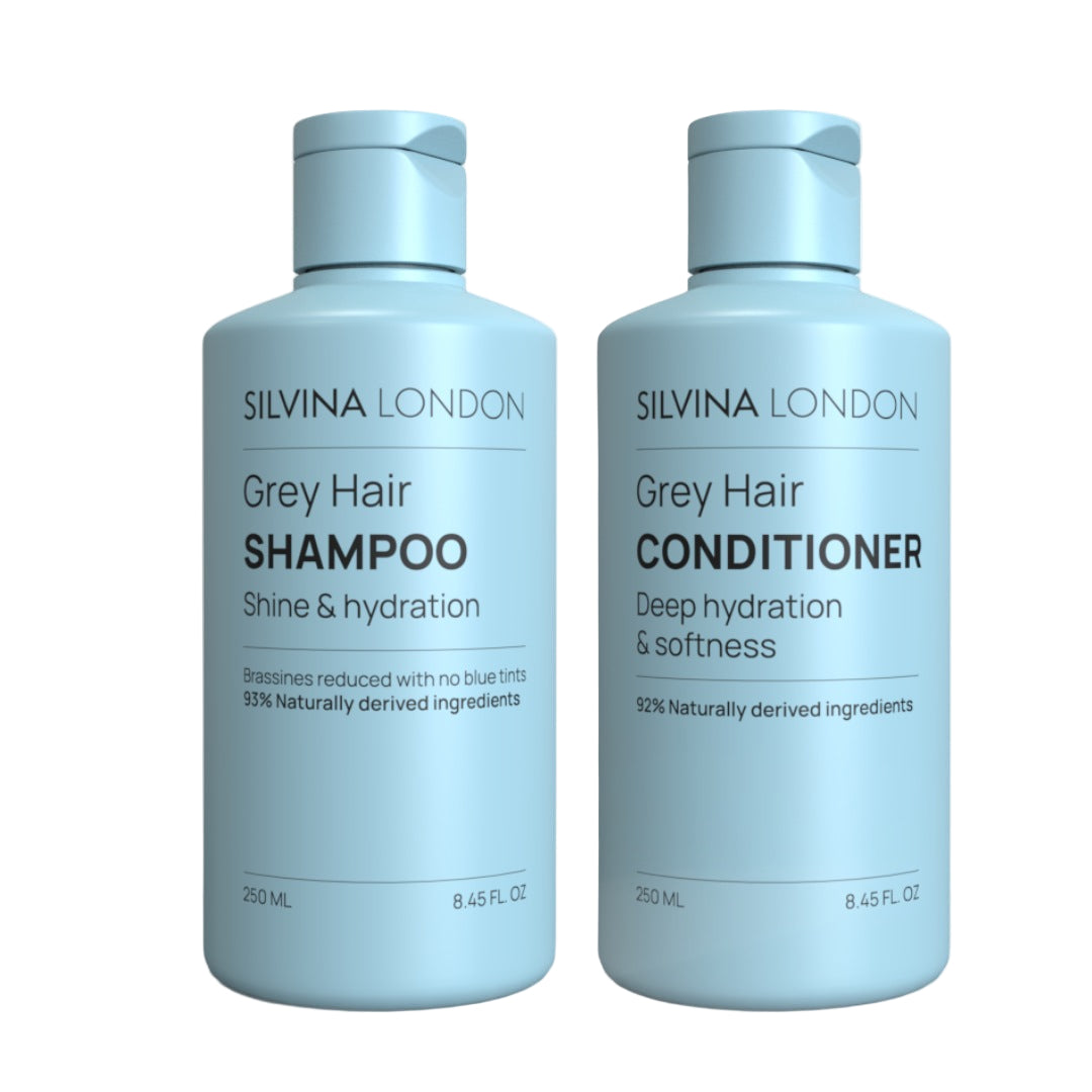 Silvina London Grey Hair Shampoo and Conditioner bottles on a white background