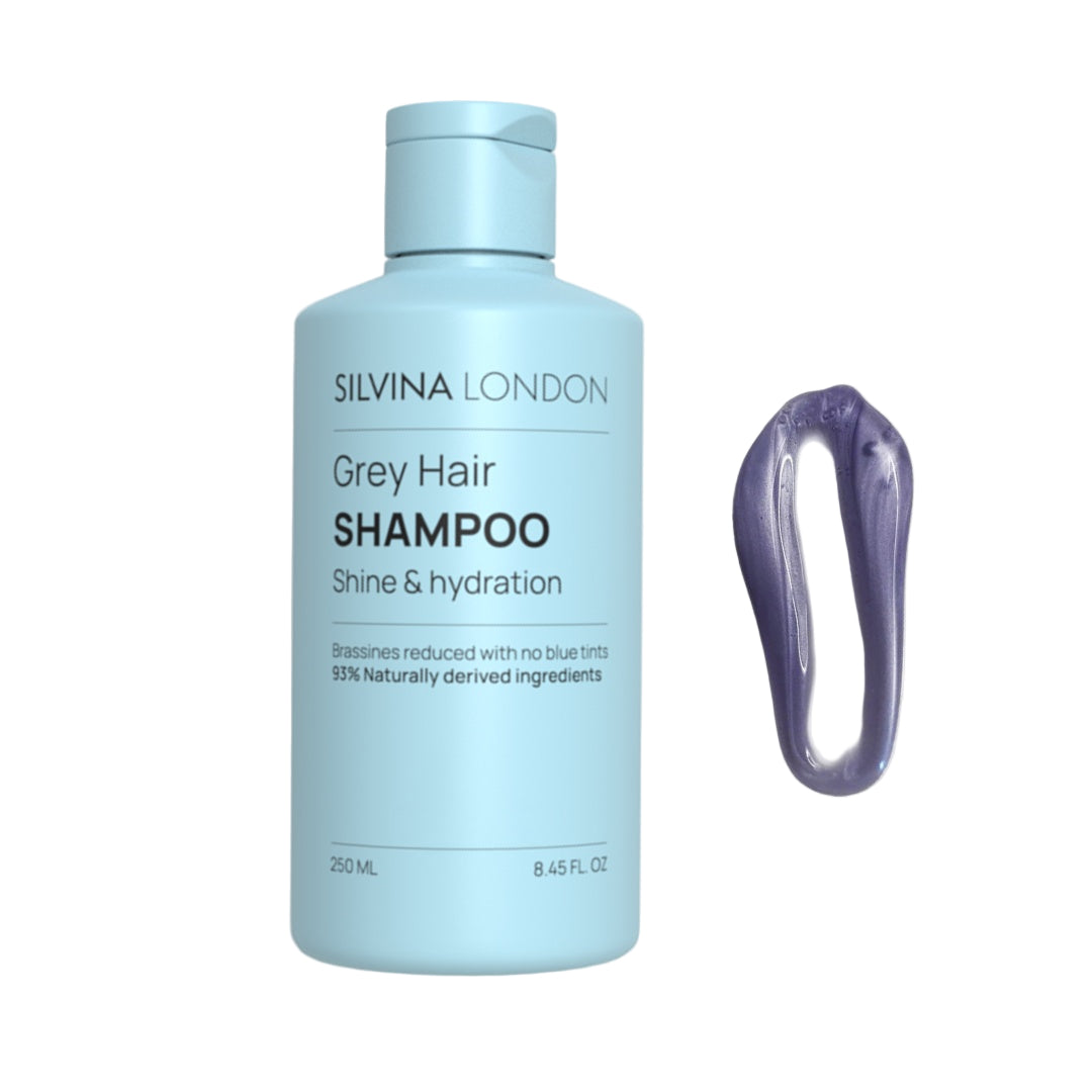 Silvina London Grey Hair Shampoo bottle with a purple shampoo sample on a white background