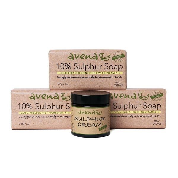 Sulphur Soap 3 Pack (3 x 200g) & Sulphur Cream Set – Vitamin E Enriched – Acne, Eczema & Oily Skin – Handmade in the UK - Herbalshire Handmade Herbal Products