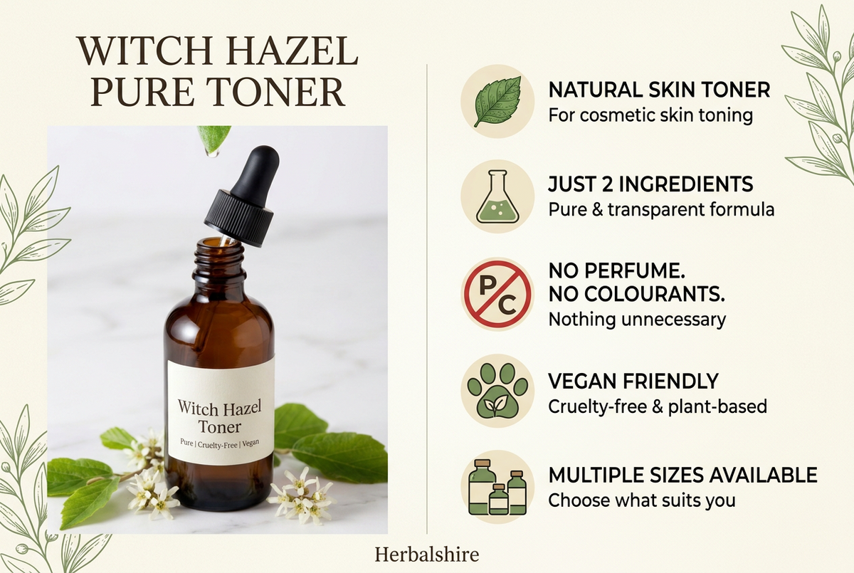 Witch Hazel Toner Astringent Face Skin Care 14% Alcohol Vegan Herbalshire