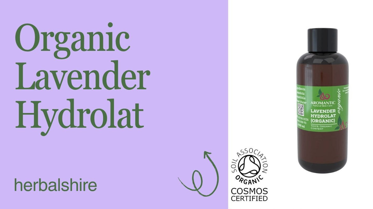 Organic Lavender Hydrolat bottle on the right side against a white background, with a purple left panel containing the text 'Organic Lavender Hydrolat', 'herbalshire', and certification logos including COSMOS and Fair Association Organic.