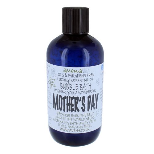 Bottle of Avena bubble bath with a Mother's Day label on a white background