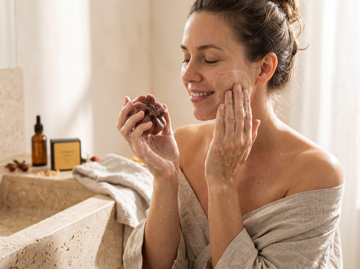 A woman in a beige linen robe applies a brown herbal face mask to her face in a warm, sunlit bathroom setting.