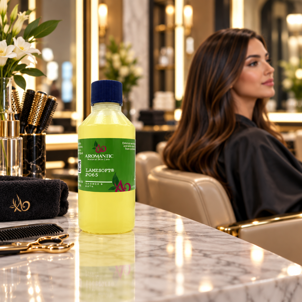 A bottle of Aromantic Aromatic Lanesoft Pooz hair cleansing liquid sits on a marble counter in a salon setting, with a stylist visible in the background.