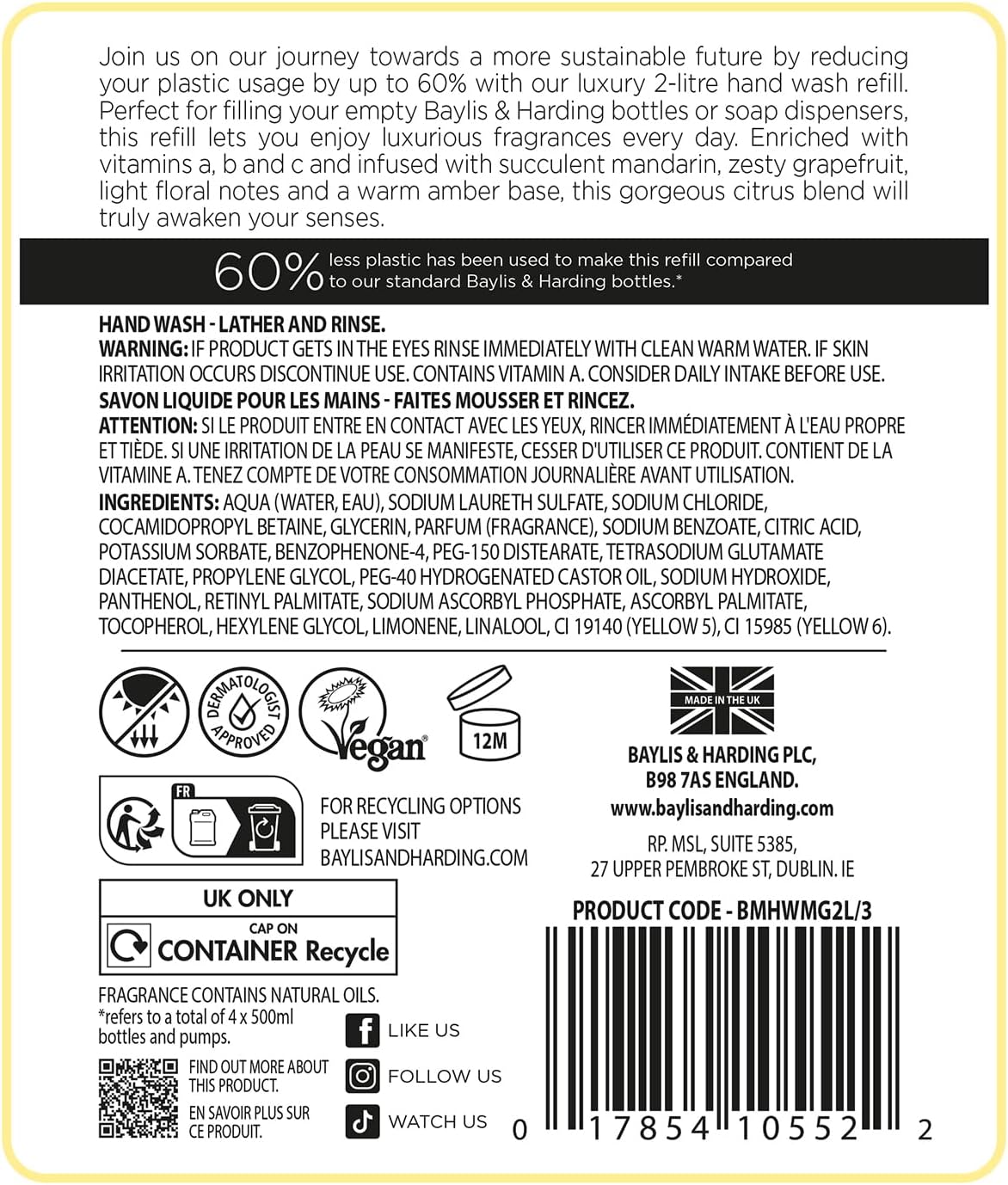 2 x Baylis & Harding Sweet Mandarin & Grapefruit Luxury Hand Wash Refill – 2 x 2 Litre - Herbalshire Handmade Herbal Products
