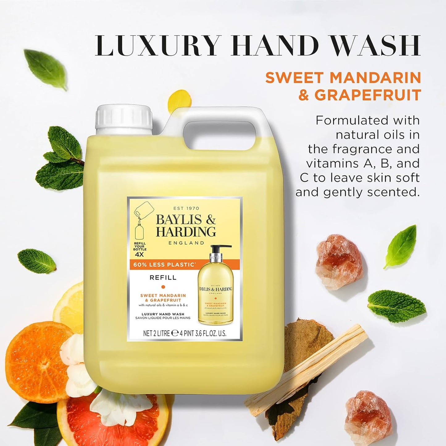 2 x Baylis & Harding Sweet Mandarin & Grapefruit Luxury Hand Wash Refill – 2 x 2 Litre - Herbalshire Handmade Herbal Products