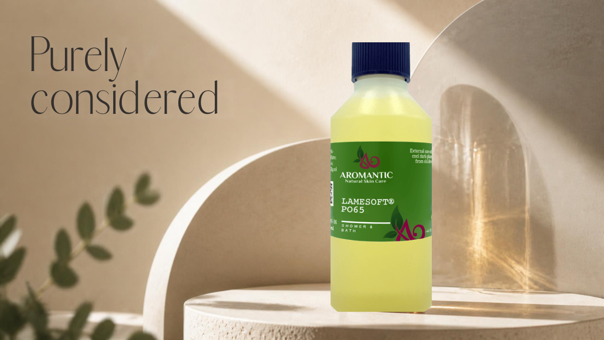 A bottle of Aromantic Lanesoft Pores cleansing oil with a green label and dark blue cap, displayed on a white pedestal with warm architectural shadows and the text 'Purely considered' on the left.