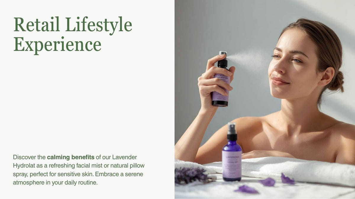 A promotional lifestyle graphic for a lavender facial mist or pillow spray. The left side has the text 'Retail Lifestyle Experience' and descriptive copy.