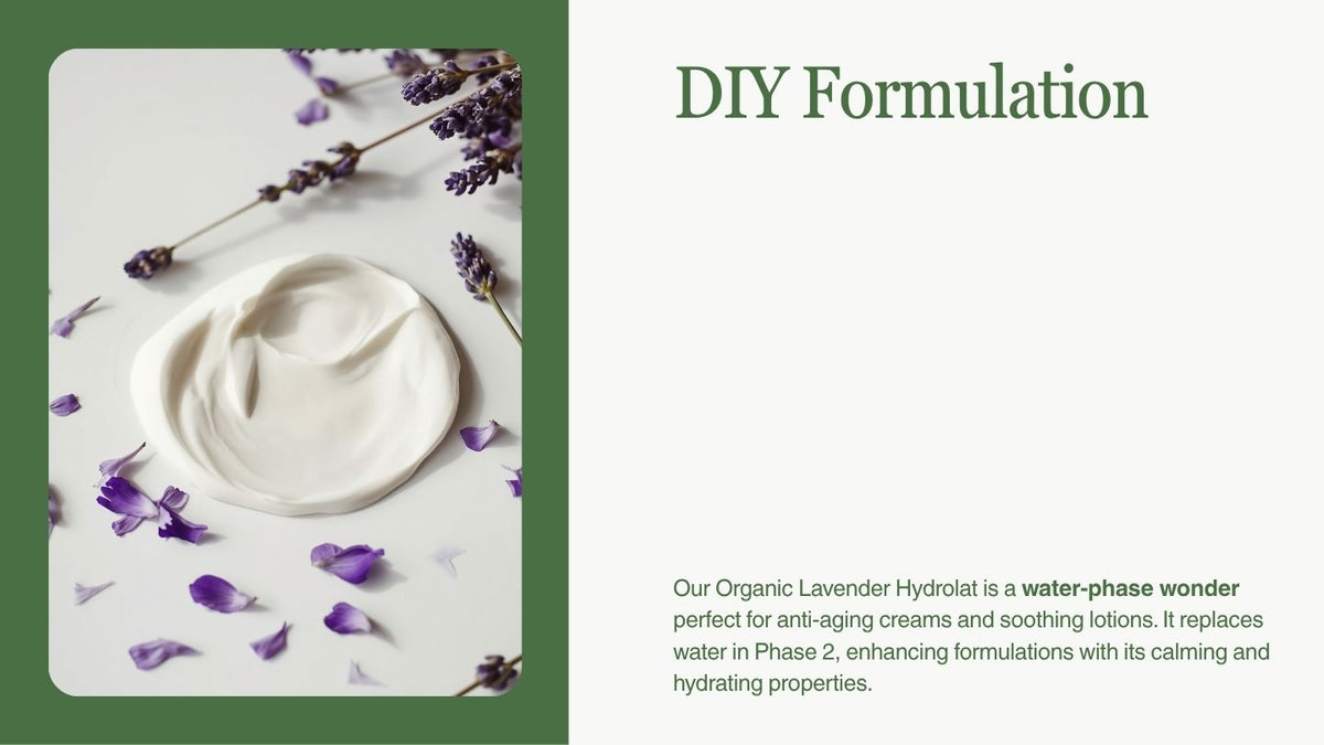 A promotional graphic for DIY formulation featuring a swirl of white cream on a white surface with lavender sprigs and petals, alongside text that reads 'DIY Formulation' and a description of organic lavender hydrolat.