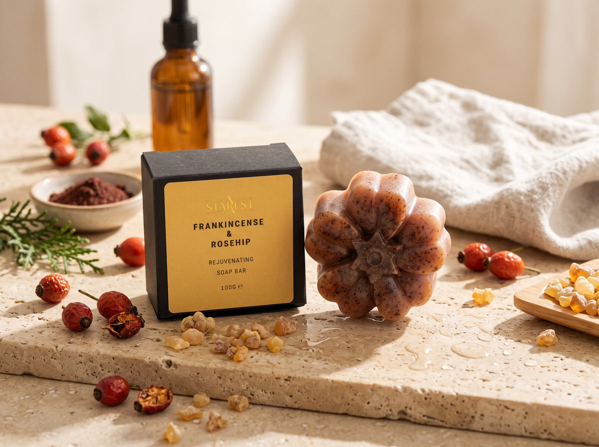 A boxed soap bar product labeled 'FRANKINCENSE & ROSEHIP' stands on a stone surface beside a sculptural rosehip-shaped bar, with dried rosehips, a small bowl of powder, a bottle, and a folded cloth in a warm styled setting.