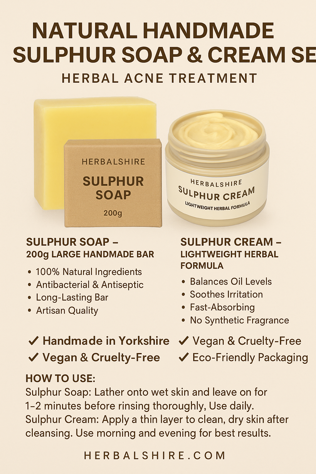 Natural Handmade Sulphur Soap & Cream Set – Herbal Acne Treatment – 200g Bar + Cream | Herbalshire