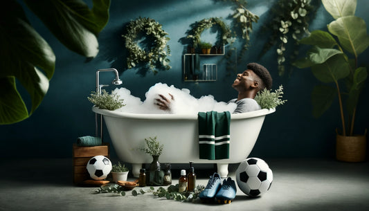a footballer in the bath using our natural herbal footballers bubble bath
