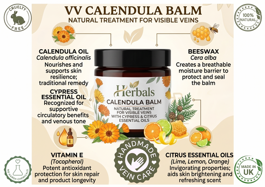 A product infographic for VV Calendula Balm by Cruelty Free, showing a jar of herbal balm surrounded by text detailing its ingredients (calendula oil, beeswax, cypress essential oil, vitamin E, citrus essential oils) and badges for 'Natural Treatment for Visible Veins', 'Handmade', and 'Made in UK'.