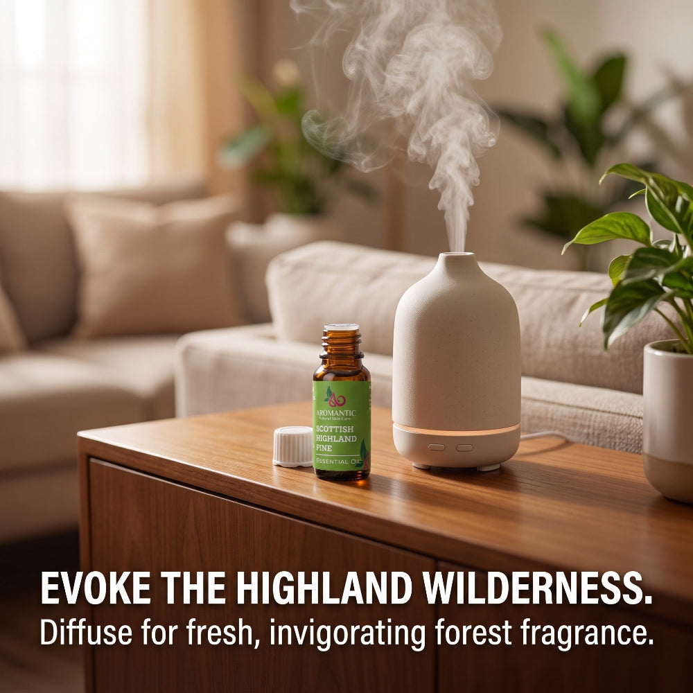 A bottle of Scottish Highland Pine Essential Oil next to a white misting diffuser in a cozy living room, with text reading "Evoke the Highland Wilderness. Diffuse for fresh, invigorating forest fragrance.