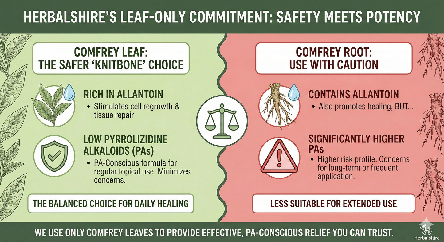 Infographic comparing comfrey leaf and root on a green and pink background with text and icons.